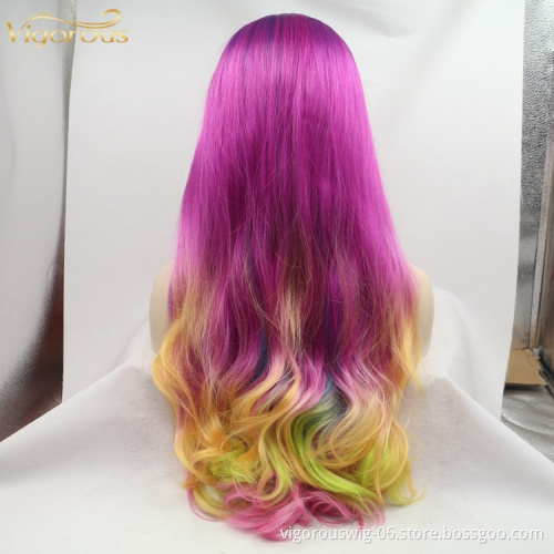 Long straight curl ombre purple blonde cheap wholesale high quality heat resistant synthetic wig with lace front